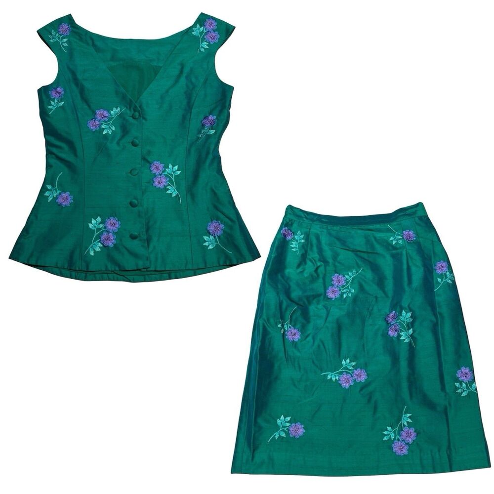 Vintage Tank Skirt 2 piece Suit Embroidered Silk